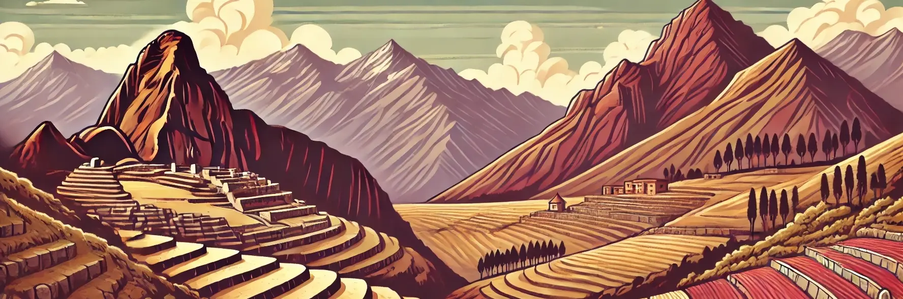 Illustration of terraced fields in an Andean valley, with mountains behind them.